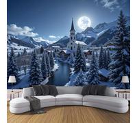 Papel Pintado 3D paisaje invernal, Fondo Fotográfico 250 x 175 cm Pueblo bajo el cielo nocturno, Decoración de Pared para Restaurante, Salón o Dormitorio, Mural ModernoAzul oscuro