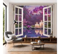 Papel Pintado 3D Paisaje Lacustre De Inspiración Zen Bambú Japonés Orquídea 250X175Cm Púrpura Xxl Fotomurales Tejido No Tejido Murales Decorativos Pared Papel Tapiz Moderna Dormitorio Para La Sala