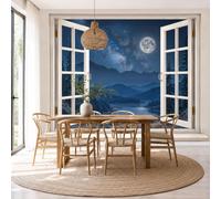 Papel Pintado 3D Paisaje Lacustre Luz Luna Montañas Galácticas Ensueño 250X175Cm Azul Oscuro Xxl Fotomurales Tejido No Tejido Murales Decorativos Pared Papel Tapiz Moderna Dormitorio Para La Sala