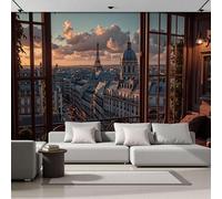 Papel Pintado 3D Paisaje urbano Con paisaje de la ciudad de París 350x256cm Fotomurales Seda, Fuera De La Ventana Papel Tapiz Grande Murales Fotográfico Moderno Decoración de Paredes