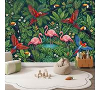 Papel pintado 3D Panorámico Pájaro Plantas y Flores 250 x 175 cm, papel pintado no tejido de pared, diseño de hoja botánica y flamenco rosa tropical para sala de estar, dormitorio, sofá, TV, fondo