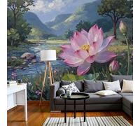 Papel Pintado 3D Patrón Río Con Flores Loto Rosa 350 × 256 Cm Fotomurales Tejido No Tejido,Realismo Papel Tapiz Grande Murales Fotográfico Paisaje De Flores Naturales Decoración De Paredes