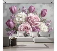 Papel Pintado 3D Patrones Tulipanes Y Rosas 250 × 175 Cm Fotomurales Tejido No Tejido,Realismo Papel Tapiz Grande Murales Fotográfico Ilustraciones Románticas Realistas Decoración De Paredes