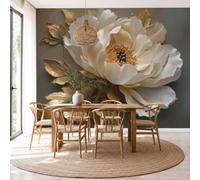 Papel Pintado 3D Peonía Blanca Hojas Doradas 300 × 210 Cm Fotomurales,Realismo Papel Tapiz Grande Murales Fotográfico Pintura Al Óleo En Relieve Flores Decoración De Paredes