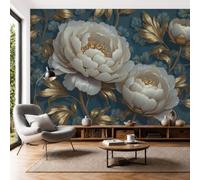 Papel Pintado 3D Peonía Hoja Oro 300 × 210 Cm Fotomurales,Realismo Papel Tapiz Grande Murales Fotográfico Flores Románticas Lujo Decoración De Paredes