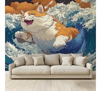 Papel pintado 3D personalizado Gran Mural Estilo Japonés Animal Gato Ondas Papel Pintado Fotomural Papel no tejido Dormitorio Salón Sofá TV Cafe Restaurante Hotel Fondo de Pared 400 x 280 cm