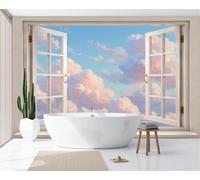 Papel Pintado 3D Pintura Óleo Nubes Cielo Vista Romántica Desde Ventana 400X280Cm Azul Pálido Xxl Fotomurales Tejido No Tejido Murales Decorativos Pared Papel Tapiz Moderna Dormitorio Para La Sala
