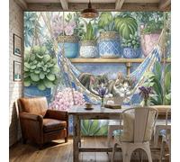 Papel Pintado 3D Plantas En Macetas Hamacas Gatos 250x175cm, Lindo Animal Realista Papel Tapiz Grande Murales Fotográfico Decoración De Paredes Para Salón Dormitorio
