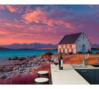 Papel Pintado 3D Puesta De Sol Lago Pukaki Iglesia 300x210cm, Paisaje Natural De Ensueño Papel Tapiz Grande Murales Fotográfico Decoración De Paredes Para Salón Dormitorio