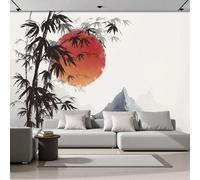 Papel Pintado 3D Ramas Bambú Sol Rojo Cumbres La Montaña 350 × 256 Cm Fotomurales Tejido No Tejido,Realismo Papel Tapiz Grande Murales Fotográfico Pintura Con Tinta Decoración De Paredes