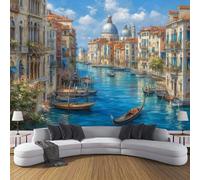 Papel Pintado 3D Retro Urban 300×210cm Fotomurales Tejido No Tejido, Azul Papel Tapiz Grande Murales Fotográfico Venecia La Ciudad Del Agua Decoración de Paredes
