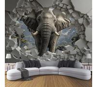 Papel Pintado 3D Rompiendo el estilo del arte mural, Fondo Fotográfico 350x256cm Un elefante irrumpe a través de un agujero en la pared, Decoración de Pared para Restaurante,Mural Moderno gris