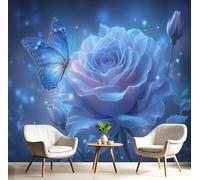 Papel Pintado 3D Rosas Mariposas 500An×350Al cm Fotomurales Tejido No Tejido, Azul Papel Tapiz Grande Murales Fotográfico De Ensueño Floral Decoración de Paredes
