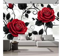 Papel Pintado 3D Rosas Rojas Enredaderas Negras 350 × 256 Cm Fotomurales Tejido No Tejido,Realismo Papel Tapiz Grande Murales Fotográfico Estilo Artístico Decoración De Paredes