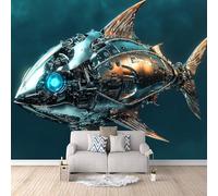 Papel Pintado 3D Tiburón Mecánico Tela no Tejida Fotomurales Animal Papel Pintado 300x210 cm Poster Resistente Impermeable Fácil de Limpiar Cafeterías Galerías Oficinas Murales Decorativos Pared