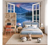 Papel Pintado 3D Vista Desde Ventana Lago Volcánico Bosque Brumoso Natural 250X175Cm Azul Oscuro Xxl Fotomurales Tejido No Tejido Murales Decorativos Pared Papel Tapiz Moderna Dormitorio Para La Sala
