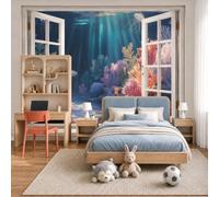 Papel Pintado 3D Vista Desde Ventana Playa Alta Mar Coral Luz Solar Natural 350X256Cm Azul Oscuro Xxl Fotomurales Tejido No Tejido Murales Decorativos Pared Papel Tapiz Moderna Dormitorio Para La Sala