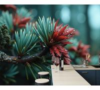 Papel Pintado Agujas Pino Gotas Rocío 3D Salón Dormitorio Fotomurales Pared Paisaje Vegetal Invernal Decorativos 3D Murales Fotográfico Papel Tapiz Moderno Rojo Verde Decoración De Paredes, 250X175Cm