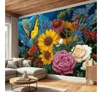 Papel Pintado Amarillo Azul - Papel Pintado Panorámico 300x210cm, Flores realistas Girasol, Margarita, Mariposa Mural Decoración Del Hogar Para Sala dormitorio comedor oficina