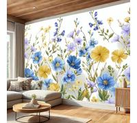Papel Pintado Amarillo - Papel Pintado Panorámico 250x175cm, Flores pintadas a mano Flores silvestres azules Mural Decoración Del Hogar Para Sala dormitorio comedor oficina