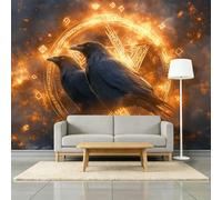 Papel Pintado Animales Cuervos Símbolos Vikingos 200 x 140 cm Fotomurales decorativos modernos de pared en tejido no tejido Gris Oscuro, para murales fotográficos para salón o dormitorio