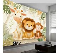 Papel Pintado Animales Del Bosque León Jirafa Murales de pared de tamaño personalizado - Fotomurales Tejido No Tejido Dibujos Animados Murales Fotográfico XXL Decoración de Paredes 200 x 140 cm