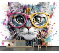Papel Pintado Animales Dibujos Animados Efecto 3D Lindo Gato Con Gafas - Blanco - Fotomurales Pared Decorativos Murales Fotográfico Decoración De Paredes (150 × 105 Cm)