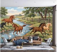 Papel Pintado Animales Salvajes 300 × 210 Cm Fotomurales Para Pared 3D, Caballos Corriendo A Lo Largo Del Arroyo Papel Tapiz Pintado En Tejido De Seda - Verde Oscuro Murales Fotográficos Decorativos