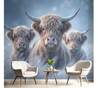Papel Pintado Animales salvajes Ganado de las Tierras Altas Nevadas Paisaje 350x256cm Fotomurales Seda, Realismo Papel Tapiz Grande Murales Fotográfico Moderno Decoración de Paredes