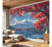 Papel Pintado Arces Monte Fuji 350 x 256 cm, Fotomurales Tejido No Tejido Fotografía Paisajes Naturales, Rojo Murales Fotográfico Decoración, para Salón Dormitorio Comedor Cocina