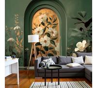 Papel Pintado Arco De Camelia Vintage - Papel Pintado Panorámico 300X210Cm, Verde Oscuro Elegante Pintura Al Óleo Foto Mural Decoración Del Hogar Para Sala Dormitorio Comedor Oficina De Paredes