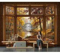 Papel Pintado Arroyos Puentes Piedra Cascadas Vista Desde La Ventana Bosque Otoñal 450 × 315 Cm Fotomurales Pared Seda Decorativos Murales Salón Dormitorio Habitación Marrón Caramelo