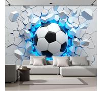 Papel Pintado Atravesando La Pared Balón De Fútbol 250x175cm Fotomurales Seda Efecto De Explosión 3D, Realismo Papel Tapiz Grande Murales Fotográfico Moderno Decoración De Paredes, Azul