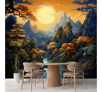 Papel pintado autoadhesivo Árboles De Montaña Y Sol Mural impermeable Estilo Japonés Cuadros decorativos para decoración de pared de habitación infantil sala de estar decoración del hogar