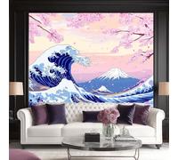 Papel Pintado Autoadhesivo Vinilo Adhesivo Muebles Tradicional Japonés Olas Flores De Cerezo Monte Fuji para Decoración de Paredes en Baño, Sala de Estar, Dormitorio, y Muebles de Cocina 300x210 cm
