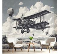 Papel Pintado Aviones Antiguos En El Campo 150×105 Cm, Estilo Dibujos Animados Retro Decoración De Paredes, Personalizable, Gris Ideal Para Salón, Dormitorio, Baño Y Oficina