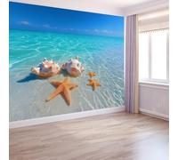 Papel Pintado Azul 350 X 256 Cm Tropical Océano Art Papel Tapiz Fotográfico Para Sala Cuarto Oficina Salón Tv Fondo Pared Decora, Playa Conchas Marinas Estrellas De Mar No Tejido Decorativos Murales