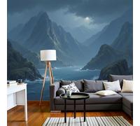 Papel Pintado Azul Grisáceo Montañas Brumosas Ríos 250X175Cm Efectos 3D Papel Tapiz Fotográfico Paisaje De Cielo Nocturno Póster Fotomurales Decoración Pared Para Dormitorio Salón Decorativos Murales