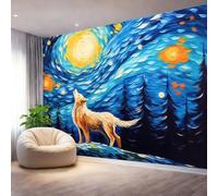 Papel Pintado Azul - Papel Pintado Panorámico 200 x 140 cm, Estilo Pintura Óleo Bosque Lobo Nocturno Gigante Foto Mural Decoración Del Hogar Para Sala dormitorio comedor oficina