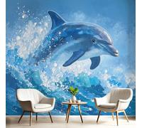 Papel Pintado Azul - Papel Pintado Panorámico 250x175cm, Animales marinos Los delfines saltan fuera del agua Foto Mural Decoración Del Hogar Para Sala dormitorio comedor oficina