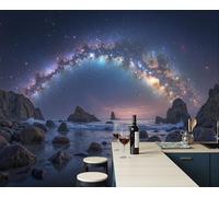 Papel Pintado Azul Violeta Vía Láctea Ensueño Cielo Nocturno 400X280Cm Efectos 3D Papel Tapiz Fotográfico Paisaje Playa Póster Fotomurales Decoración Pared Para Dormitorio Salón Decorativos Murales