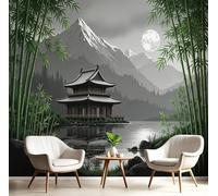 Papel Pintado Bambú Paisaje Lacustre - Papel Pintado Panorámico 450X315Cm, Carbón Arquitectura Japonesa Foto Mural Decoración Del Hogar Para Sala Dormitorio Comedor Oficina De Paredes