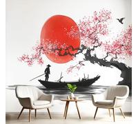 Papel Pintado Barco Pesquero Puesta Sol Pintura En Tinta Japonesa 250X175Cm Fotomurales Pared Seda Decorativos Murales Fotográfico De Paredes Salón Dormitorio Habitación De Los Niños Blanco Negro