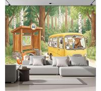 Papel Pintado Bosque Autobús Escolar Animales 200x140cm Fotomurales Seda Divertido Estilo Dibujado A Mano, Realismo Papel Tapiz Grande Murales Fotográfico Moderno Decoración De Paredes, Verde
