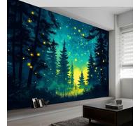 Papel Pintado Bosque Encantado Plantas Luciérnagas 400 x 280 cm Fotomurales decorativos modernos de pared en tejido no tejido Azul Verdoso, para murales fotográficos para salón o dormitorio