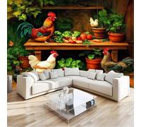 Papel Pintado Campo Animales Gallo Gallina 450 x 280 cm Fotomurales decorativos modernos de pared en tejido no tejido Amarillo Verdoso, para murales fotográficos para salón o dormitorio