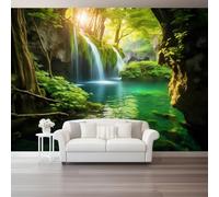 Papel pintado Cascada Bosque Naturaleza Fotomurales Pared Tejido No Tejido Decorativos Murales Fotográfico Colores fríos de color azul verdoso Moderno Decoración de Paredes 350 x 256 cm