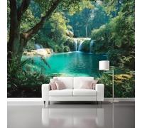 Papel pintado Cascada del bosque Naturaleza Fresca Fotomurales Pared Tejido No Tejido Decorativos Murales Fotográfico Verde Azul Moderno Decoración de Paredes 350 x 256 cm