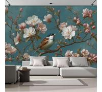 Papel Pintado cian oscuro - Papel Pintado Panorámico 400x280cm, Estilo de pintura realista Pájaros, flores, árboles Mural Decoración Del Hogar Para Sala dormitorio comedor oficina