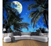 Papel Pintado Cielo Nocturno 150×105cm Fotomurales Para Pared de Seda 3D, Luna De Palmera Papel Tapiz Pintado En Tejido de seda - Pared Moderna,Azul Murales Fotográficos Decorativos
